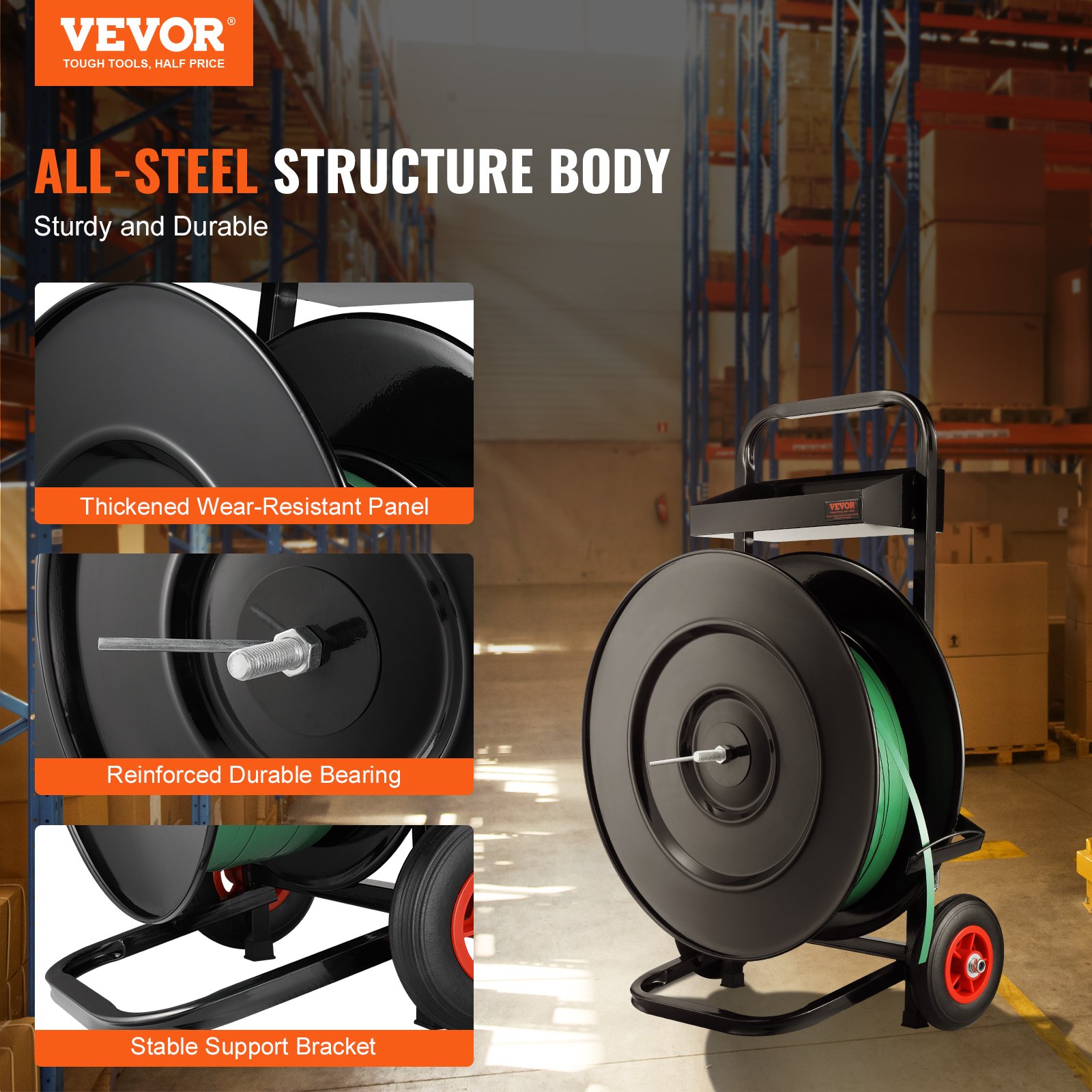 VEVOR Carrello per Reggia, Rotoli di Reggia in PET/PP/Fibra/Acciaio, Carrello Rinforzato per Reggiatura, con Diametro del Nucleo 203 mm o 406 mm Distributore di Reggia, Dotato di Rulli Anti-retrazione