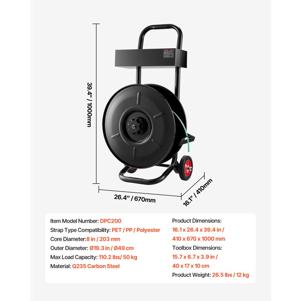 VEVOR Carrello per Reggiatura, per Bobine di Reggette in PET/PP/Poliestere con Dimensioni del Nucleo di 20,3 cm, Distributore di Reggette Dotato di Sistema Frenante Aggiornato, Vassoio Integrato