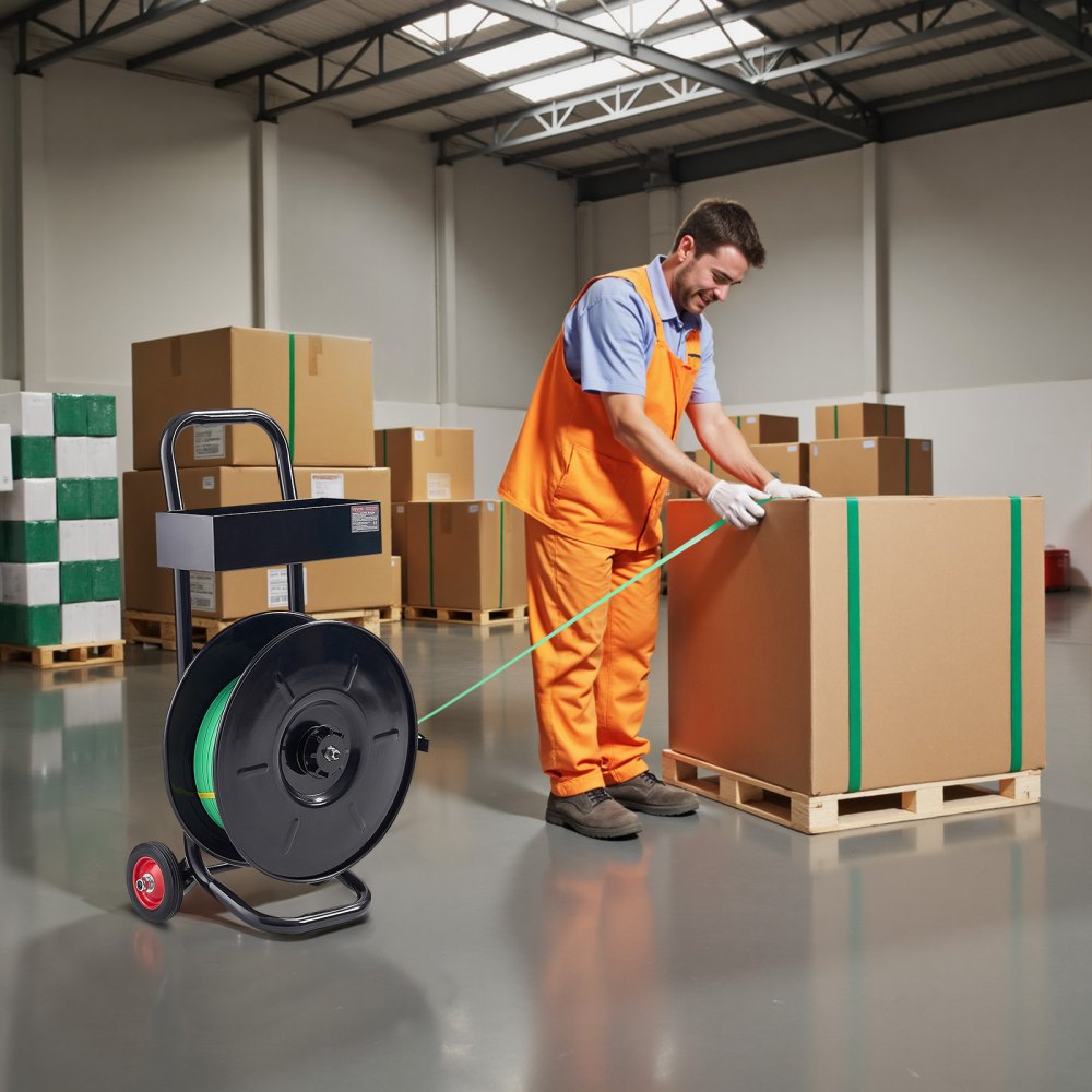 VEVOR Carrello per Reggiatura, per Bobine di Reggette in PET/PP/Poliestere con Dimensioni del Nucleo di 20,3 cm, Distributore di Reggette Dotato di Sistema Frenante Aggiornato, Vassoio Integrato