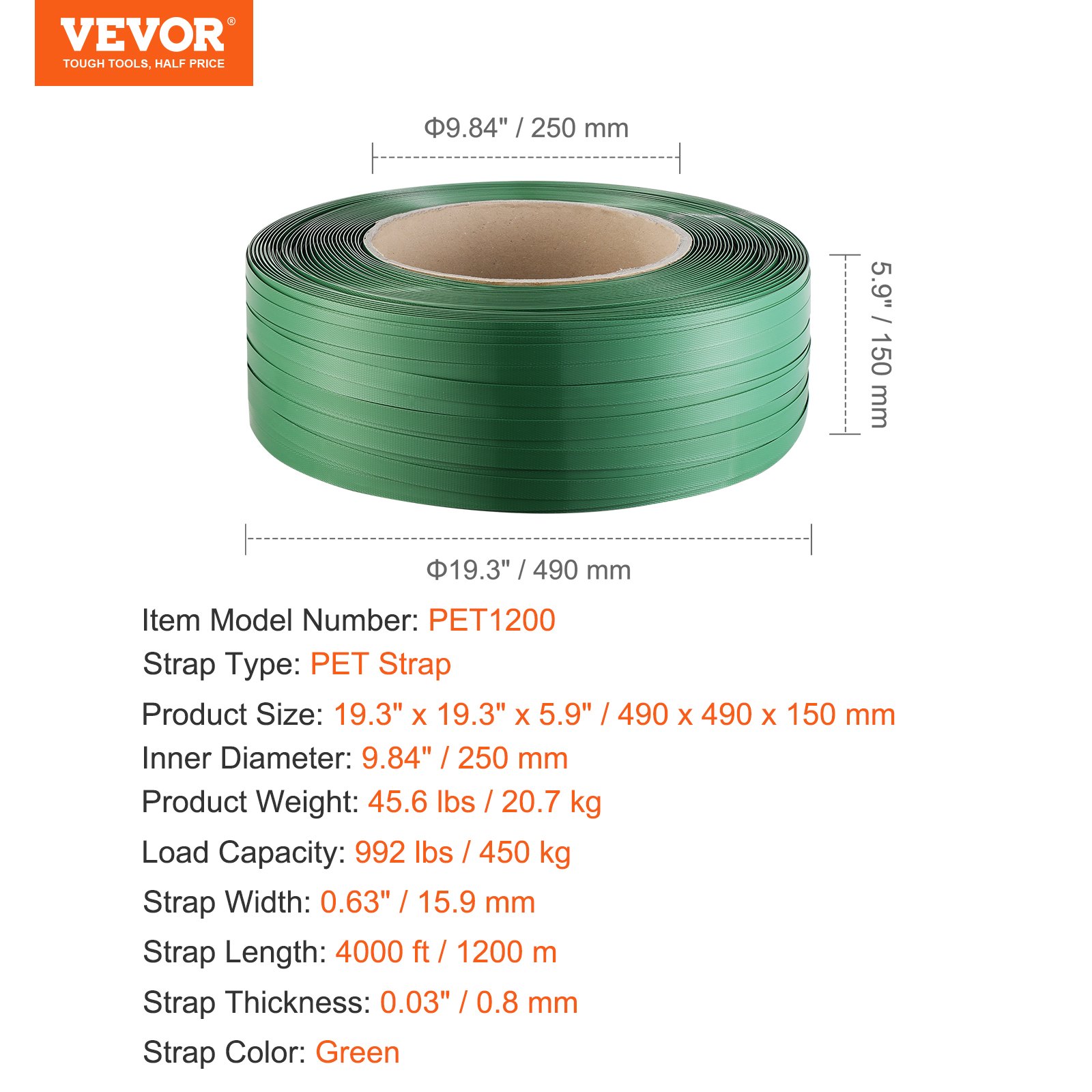 VEVOR polyester/PET strapping band, 1200 m length x 15.9 mm width x 0.8 mm thickness, 450 kg breaking strength, packaging strap for pallets, strapping tool, portable, green