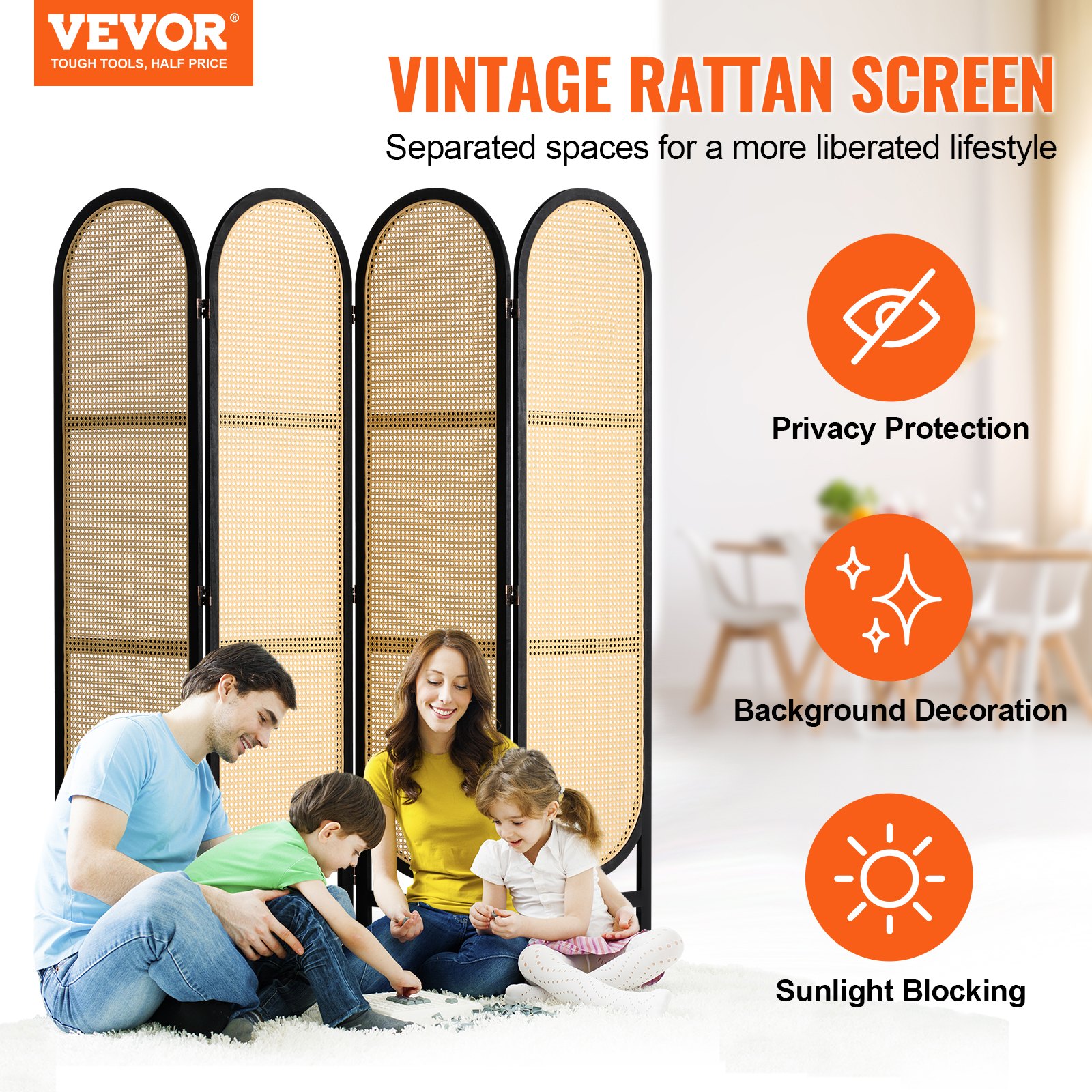 VEVOR Room Divider with 4 Panels, Handwoven Rattan Privacy Screen, Foldable Room Divider with Hinges, Portable & Freestanding Room Divider for Room Partitioning, Living Room, Bedroom