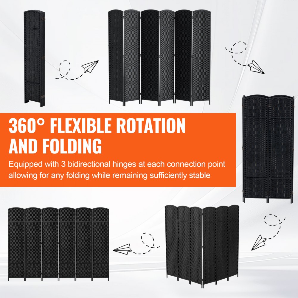 VEVOR Room Divider, 6-Panel Folding Screen, Handwoven, Hinged, Portable and Freestanding Room Divider, Black, 1795 x 2435 x 19 mm
