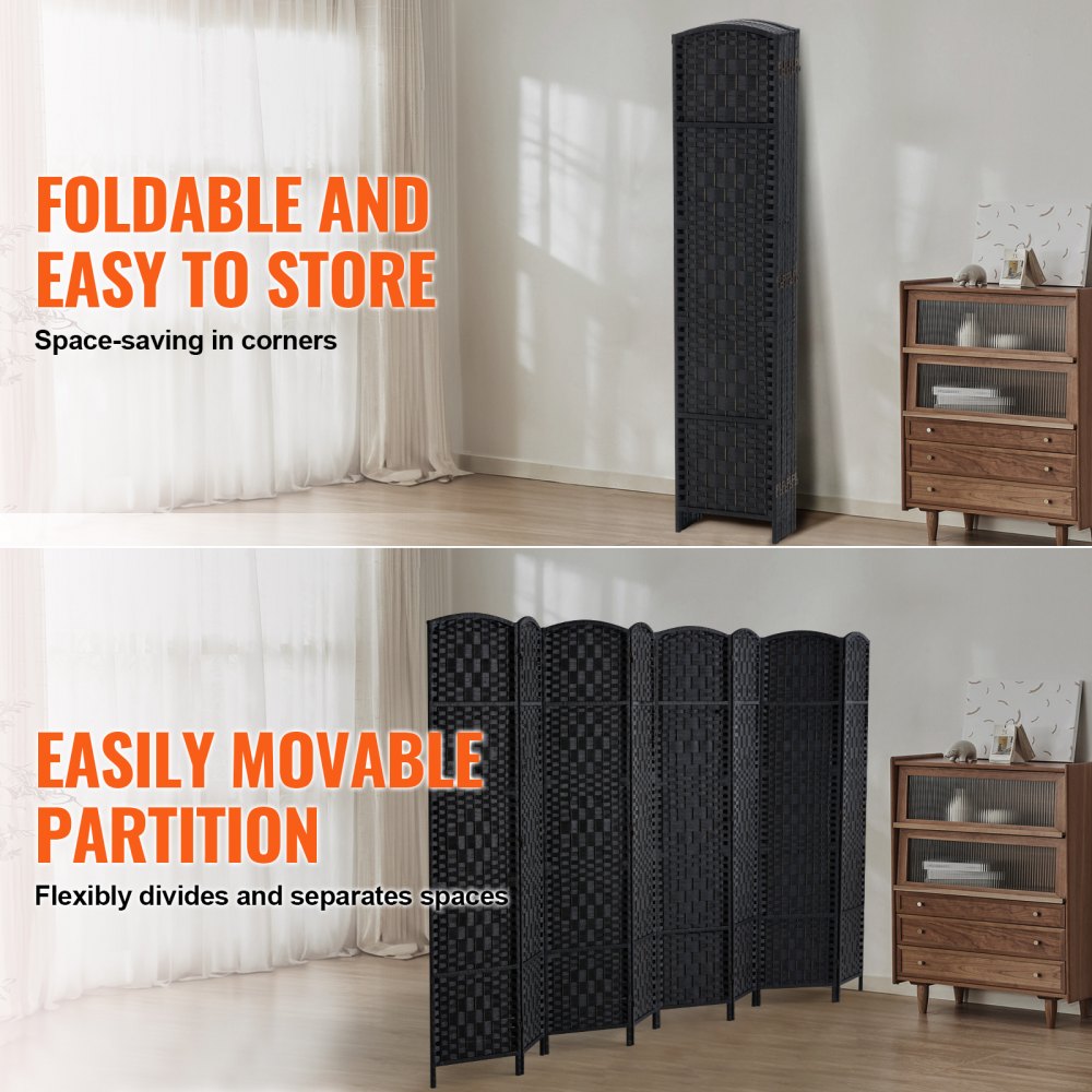 VEVOR Room Divider, 6-Panel Folding Screen, Handwoven, Hinged, Portable and Freestanding Room Divider, Black, 1795 x 2435 x 19 mm