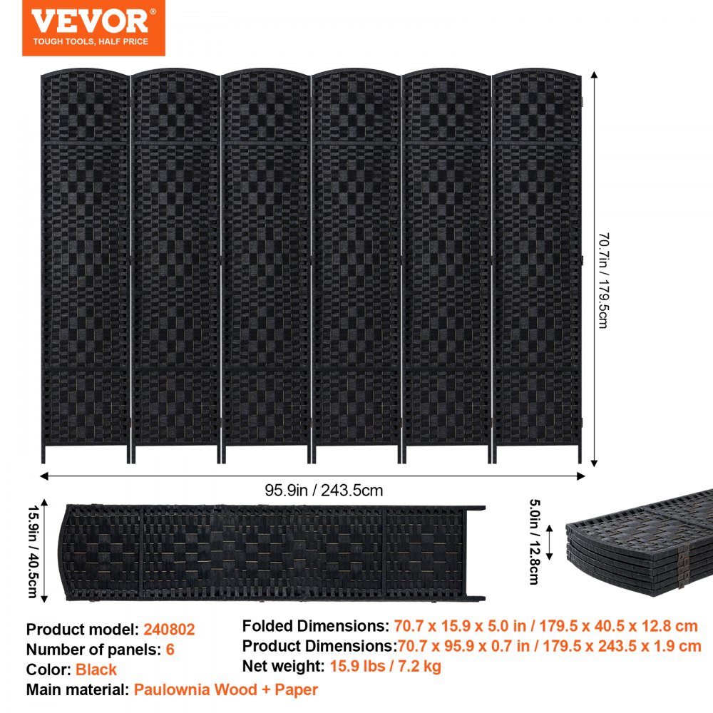 VEVOR Room Divider, 6-Panel Folding Screen, Handwoven, Hinged, Portable and Freestanding Room Divider, Black, 1795 x 2435 x 19 mm