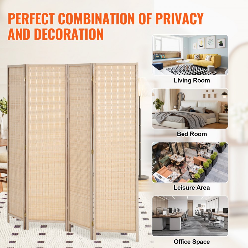 VEVOR Room Divider with 4 Panels, Handwoven Bamboo Privacy Screen, Foldable Room Divider with Hinges, Portable & Freestanding Room Divider for Room Partitioning, Living Room, Bedroom, Natural