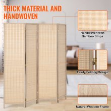 VEVOR Divisorio per Ambienti a 4 Pannelli, Schermi per Privacy Pieghevoli Portatili in Rattan Intrecciato a Mano in Bambù con Cerniere, Divisorio Parete Indipendente Legno per Soggiorno, Naturale