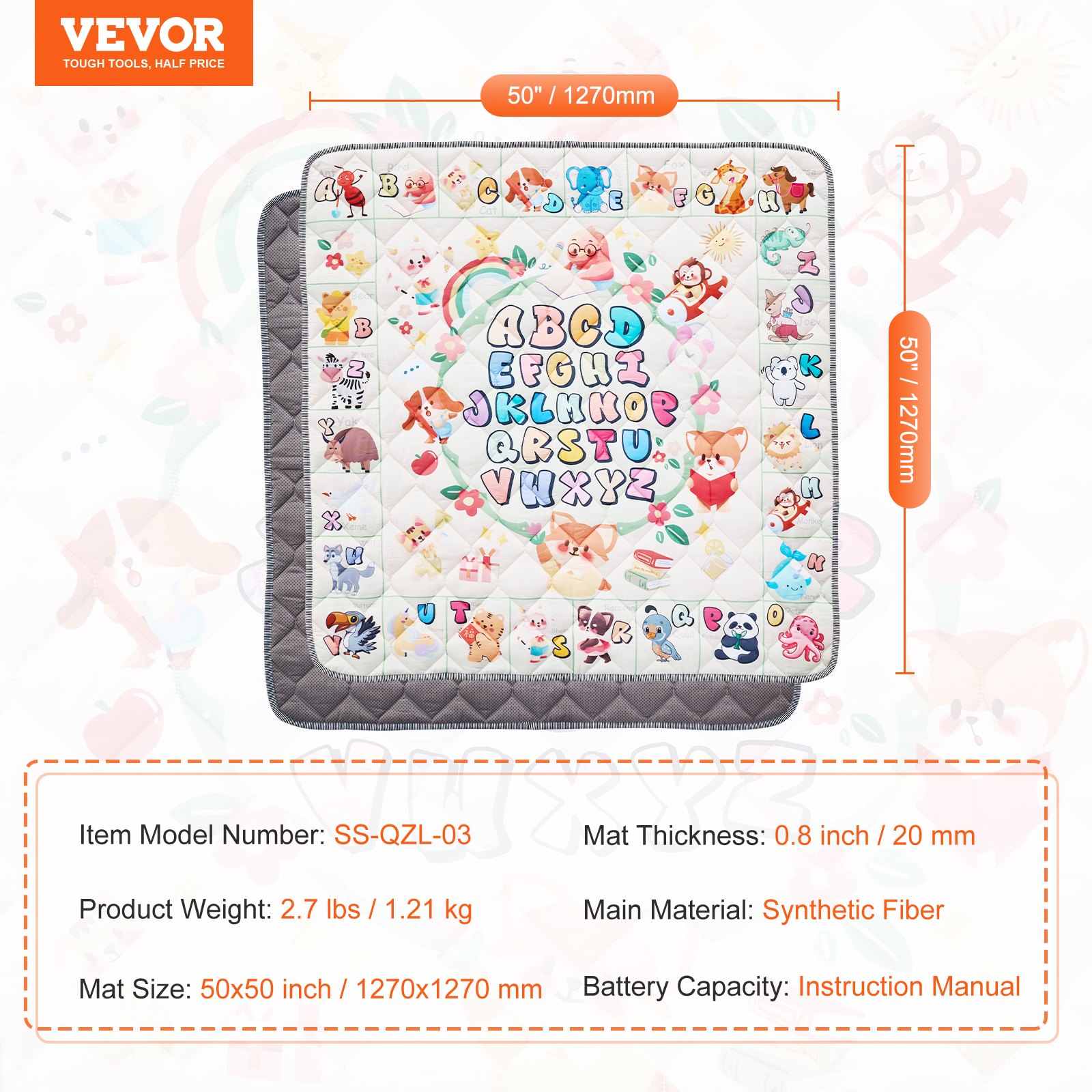 VEVOR Tappetino da Gioco per Bambini 1270 x 1270 x 20 mm Tappetino per Gattonare Antiscivolo in Un Pezzo Morbido Ispessito, Tappeto Gioco per Attività Impermeabili per Neonati, Lavabile in Lavatrice