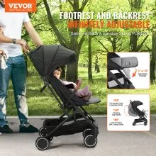 VEVOR Passeggino per bambini con schienale regolabile 95°-175° poggiapiedi regolabile 0/90° e chiusura con un clic, Passeggino neonato con portabicchieri e borsa per il trasporto, nero
