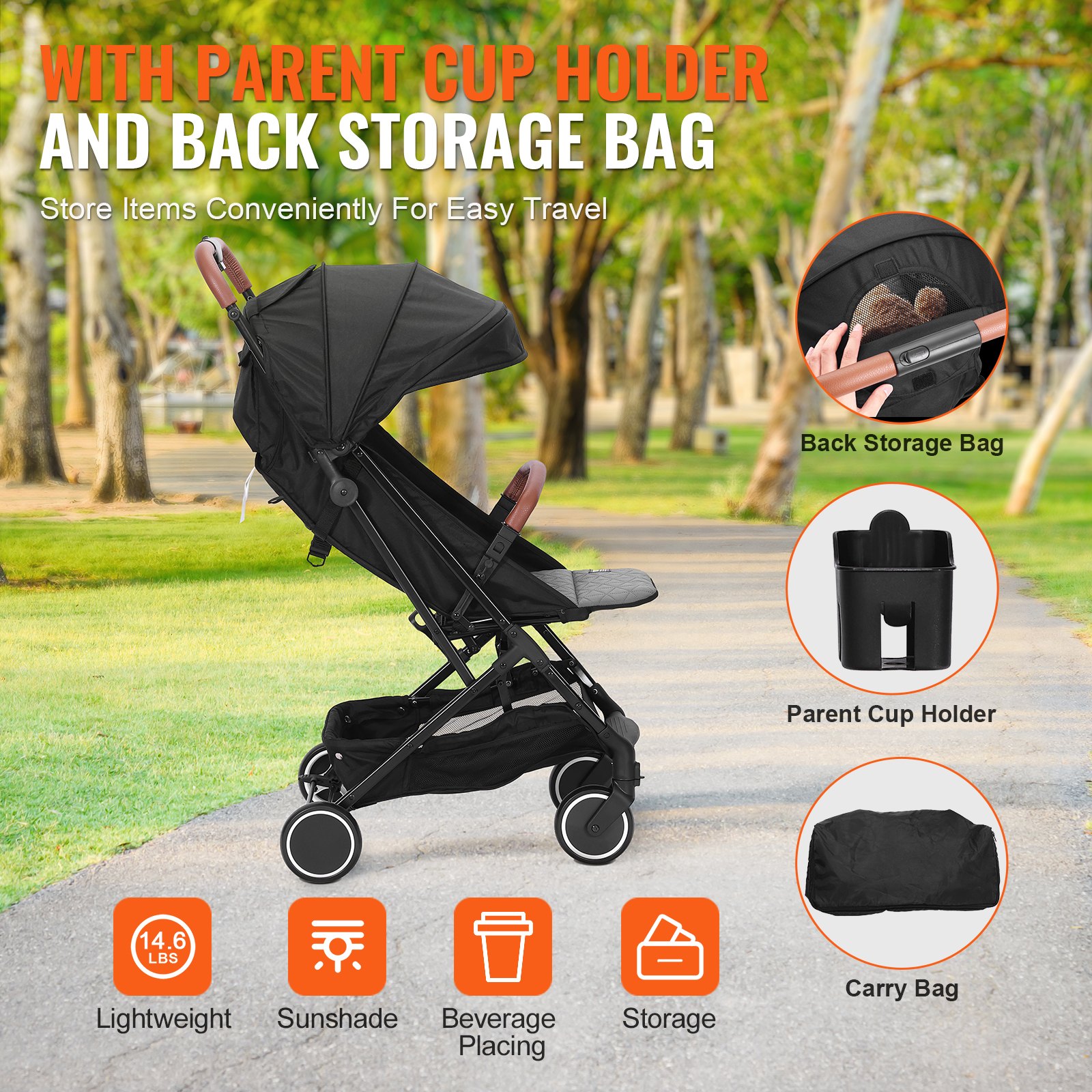 VEVOR Stroller, with 95°-175° adjustable backrest and 0/90° adjustable footrest and one-click folding function, baby buggy for newborns with cup holder and carrycot, black