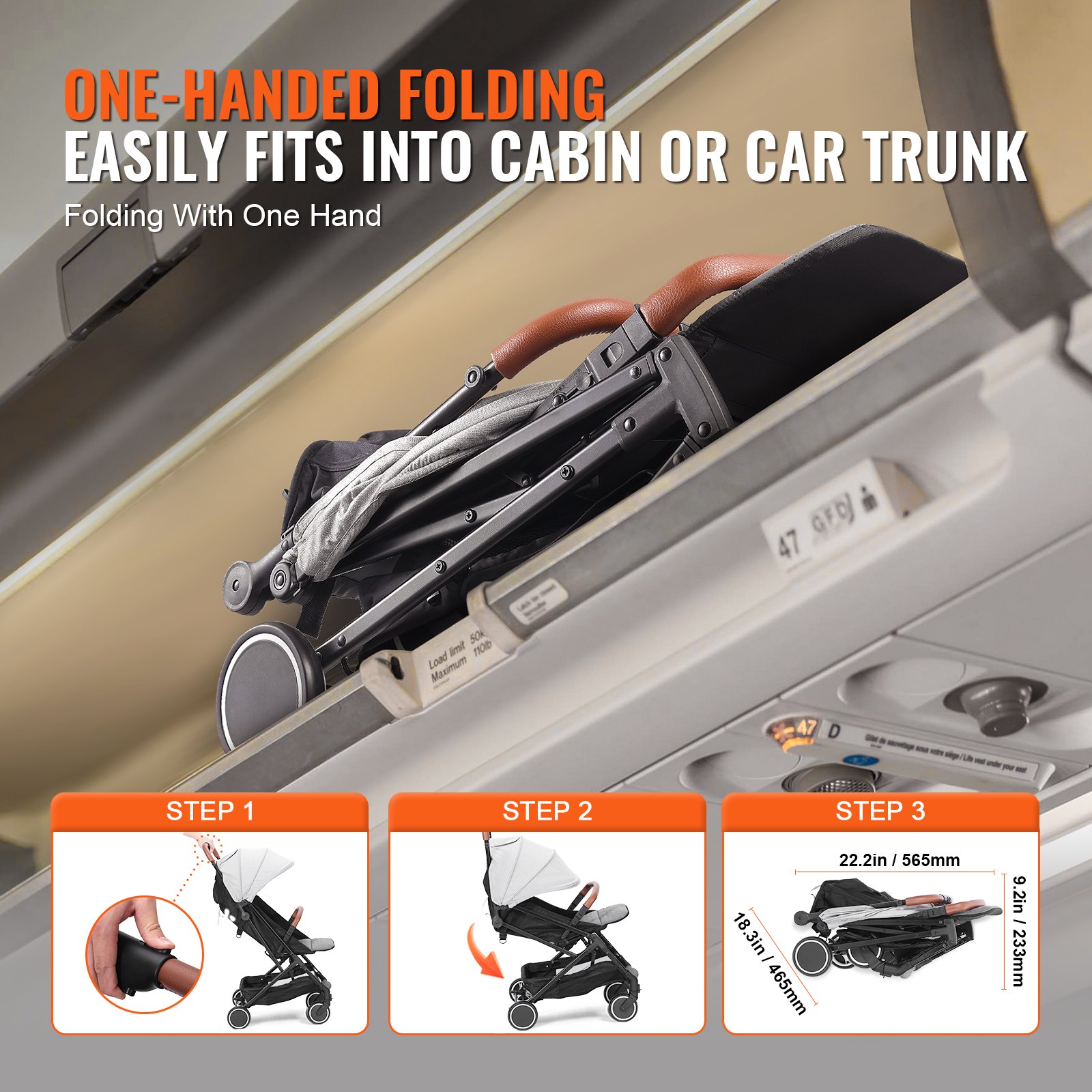 VEVOR Passeggino per Neonati, Passeggino per Bambini con Schienale Regolabile 95°-175° Poggiapiedi Regolabile 0/90°, Passeggino Neonato con Portabicchieri Borsa per il Trasporto, Grigio Chiaro