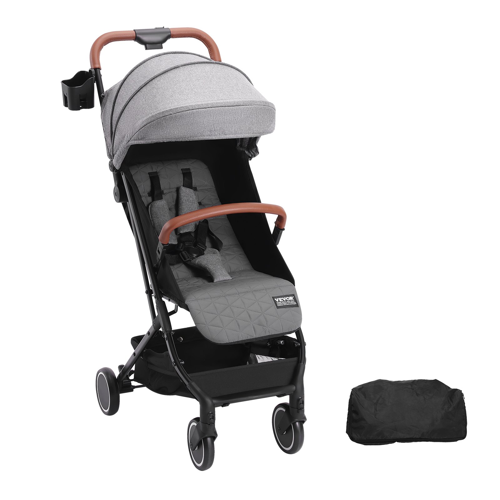 VEVOR Stroller 71 x 44 x 107cm, with 95°-175° adjustable backrest and 0/90° adjustable footrest and one-click folding function, buggy with cup holder and carry bag, dark gray