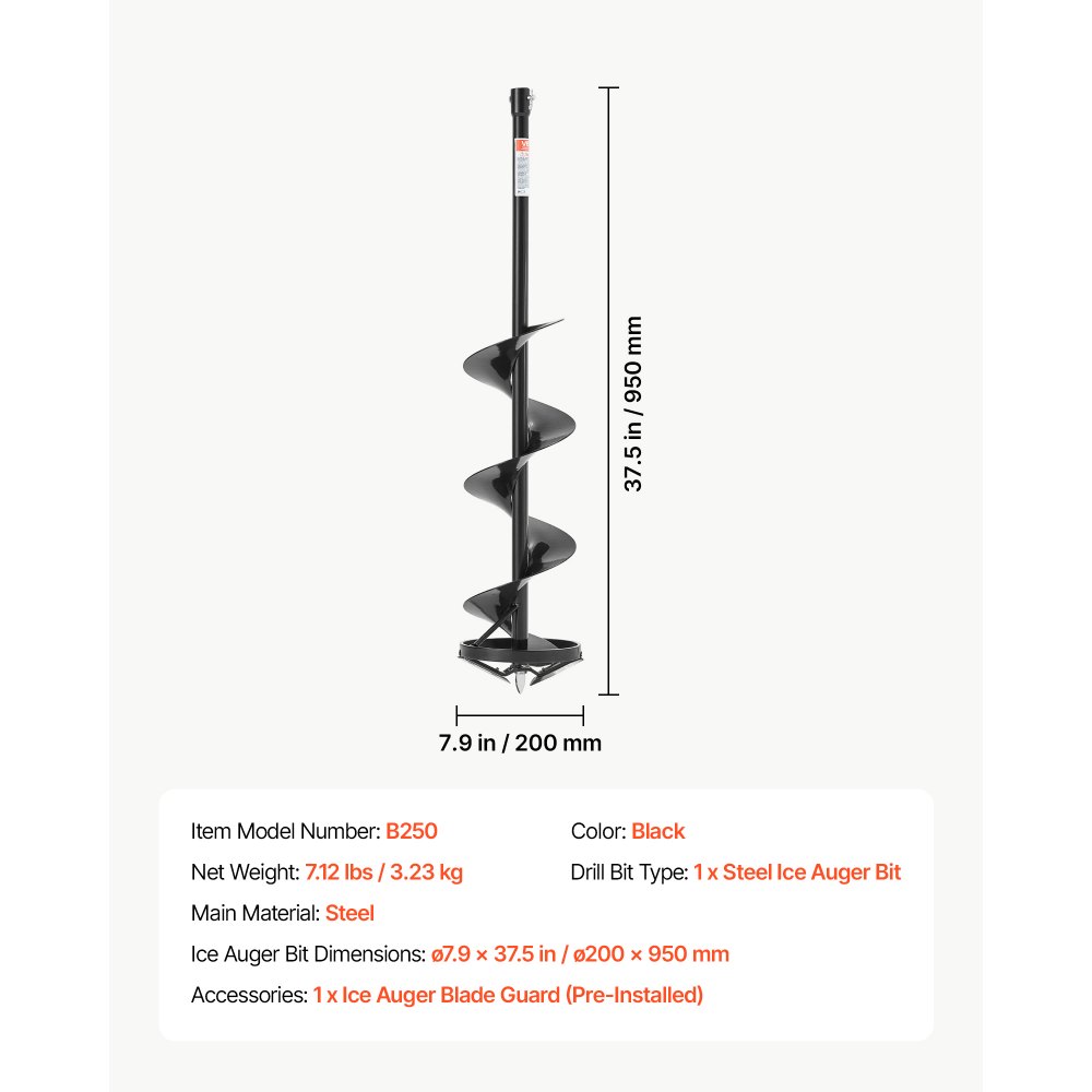 VEVOR Punta da Trivella Ghiaccio per Trapani Elettrici e a Gas 20 x 95 cm, per Foratura in Pesca Invernale, Accessorio in Acciaio ad Alta Resistenza con Protezione della Lama, Centraggio Elicoidale