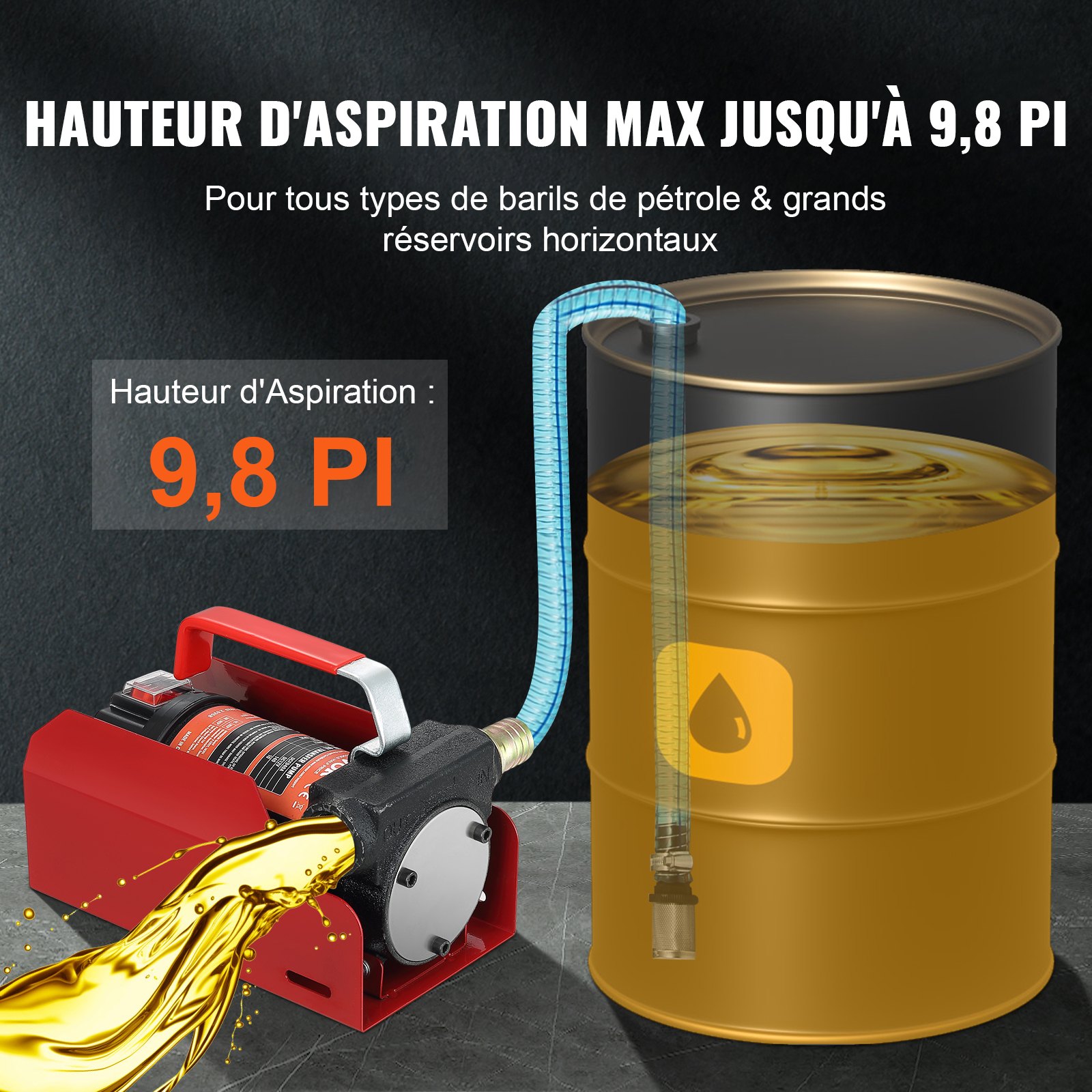 VEVOR Pompa Travaso per Diesel CC12V Portata 37,8L/min Portatile per Trasferimento Carburante nell'Officina, Pompa per Trasferimento del Diesel Cherosene Prevalenza Max. 8m in Lega di Alluminio Ghisa
