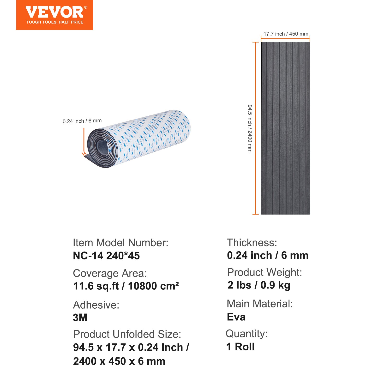 VEVOR Pavimento per Barca in Schiuma EVA Coperta per Barca 2400x450x6mm Pavimento Autoadesivo Antiscivolo 10800cm² Tappeto Marino per Barche Yacht Pontoni Coperte per Kayak