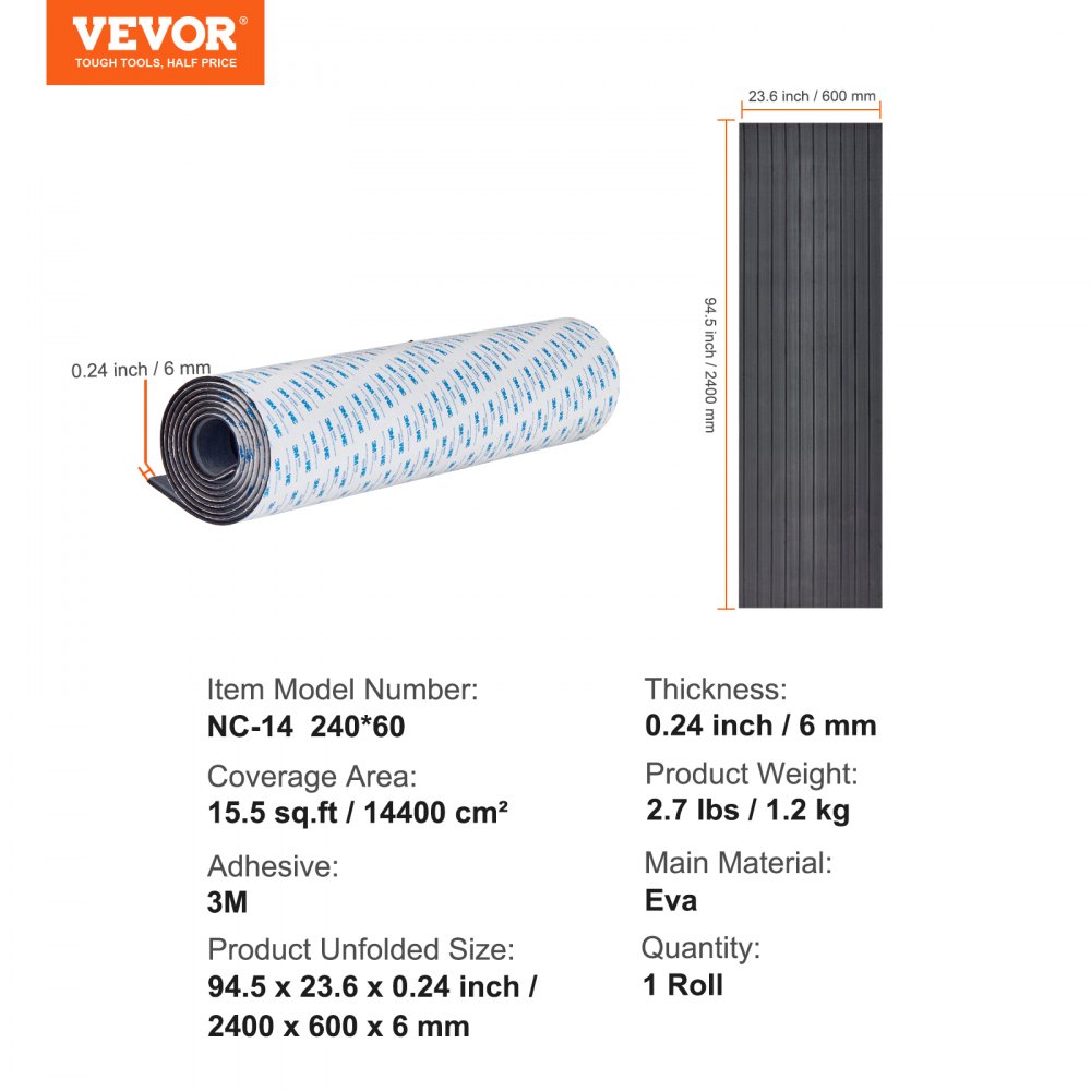 VEVOR Boat Flooring, EVA Foam Boat Deck, 2400 x 600 x 6 mm, Non-Slip, Self-Adhesive Flooring, 14400 cm² Marine Carpet for Boats, Yachts, Pontoons, Kayak Decks