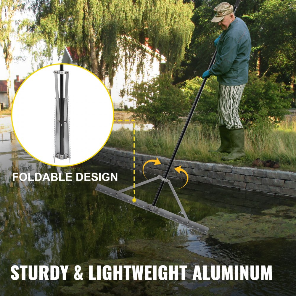 VEVOR Spazzolatrice per Prato Pali Pieghevole 260 x 90 x 18 cm, Spazzolatrice per Prati Artificiali con Corda Lunghezza da 15m e Borsa a Rete, Rastrello per Erba Rullo in Laghi Stagni Piscine Spiagge