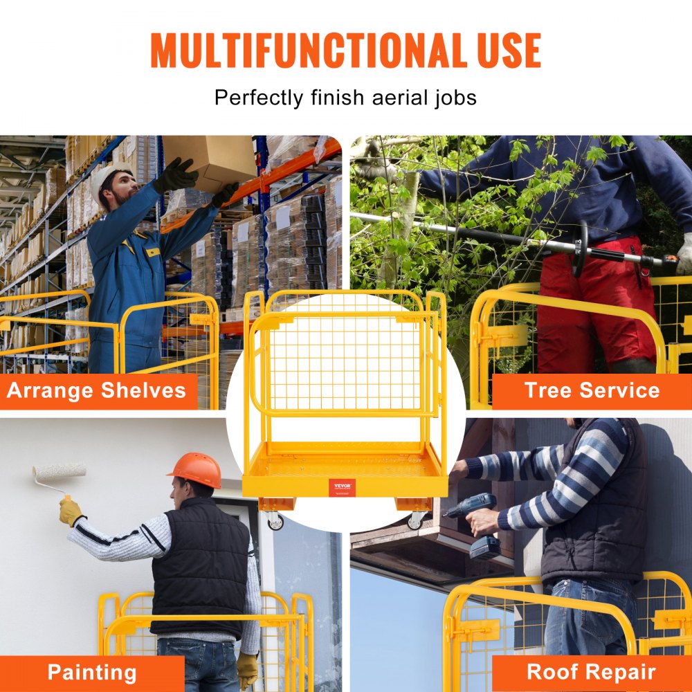 VEVOR Piattaforma Cestello di Sicurezza per Carrello Elevatore Carico Max 544 kg Cesta per Muletto con Piattaforma di Lavoro Portapersone Uso Industriale 92x92 cm Griglia di Protezione con Serrature