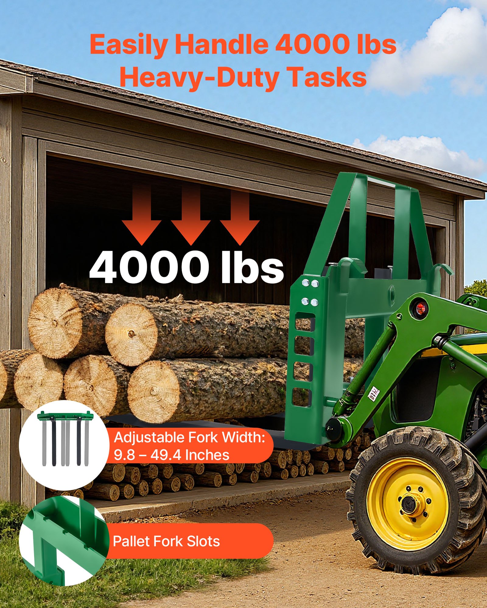 VEVOR Skid Steer Pallet Forks, 1814 kg Rated Load Capacity, Pallet Fork Frame Attachment with 1065 mm Pallet Forks Forklift Blades, 50.8 mm Hitch Receiver & Spear Sleeves, Fit for JD Tractors