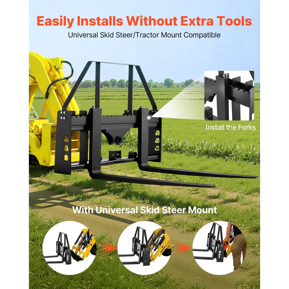 VEVOR Skid Steer Pallet Forks, 1814 kg Rated Capacity, Pallet Fork Frame Attachment with 1065 mm Pallet Forks Forklift Blades, 50.8 mm Hitch Receiver & Spear Sleeves, Fit for Skid Steers, Tractors