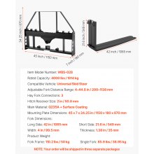 VEVOR Forca Pallet, Capacità 1814 kg, Attacco per Telaio Lato Lungo 1065 mm, Lame per Carrelli Elevatori, Ricevitore di Attacco da 50,8 mm e Manicotti per Lancia, per Minipale, Trattori