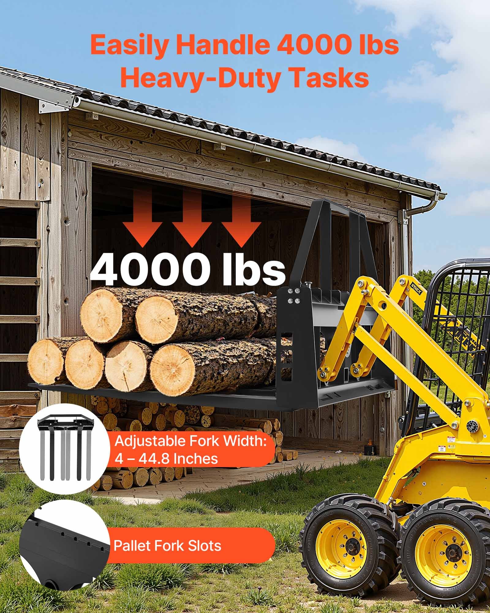 VEVOR Forca Pallet, Capacità 1814 kg, Attacco per Telaio Lato Lungo 1220 mm, Lame per Carrelli Elevatori, Ricevitore di Attacco da 50,8 mm e Manicotti per Lancia, per Minipale, Trattori