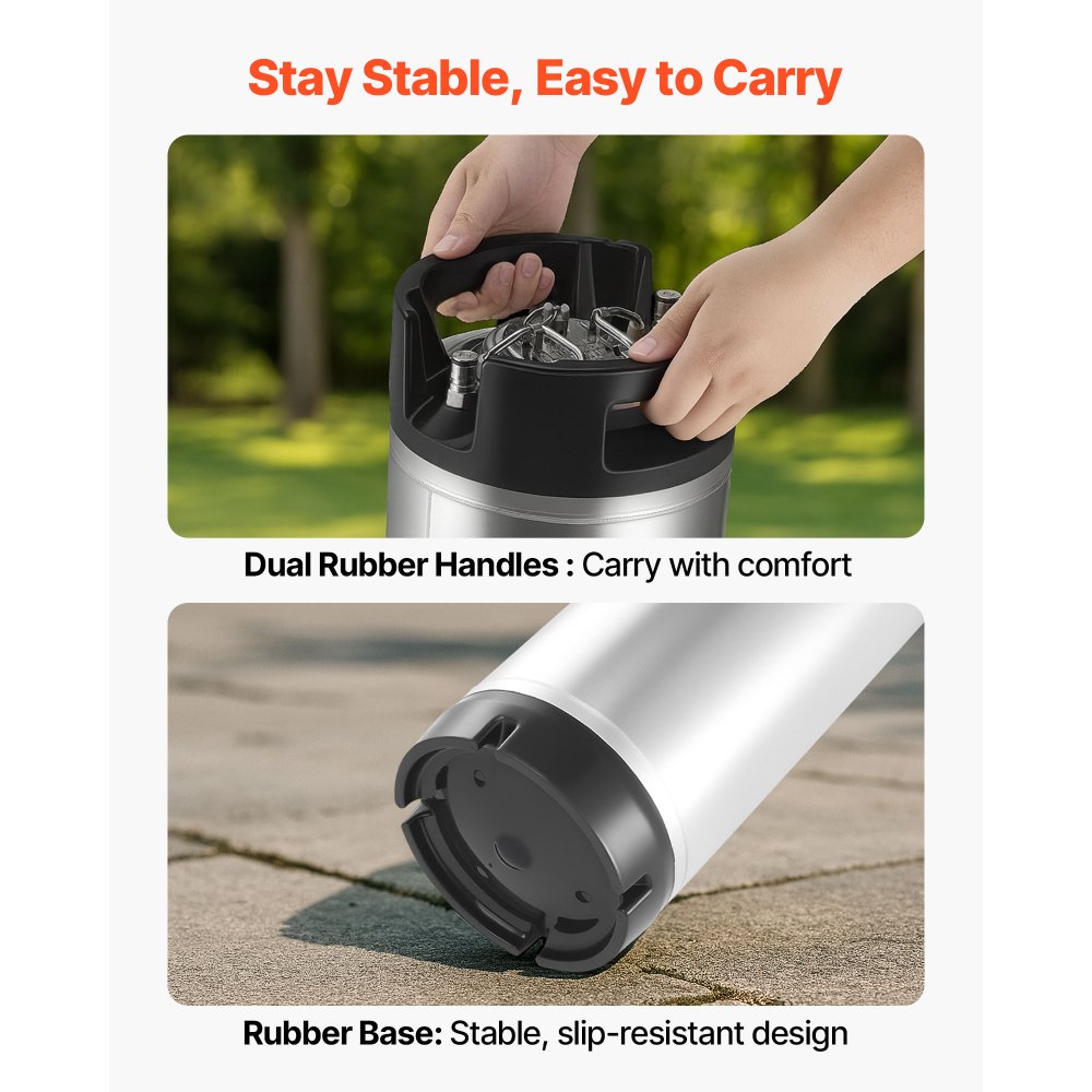 VEVOR Fusto di Birra con Chiusura a Sfera, 19 L Fusti per Bevanda Fredda SUS304 con Doppia Maniglia in Gomma e Fondo in Gomma Resistente, Attrezzatura per Produzione di Birra, 1 Pezzo