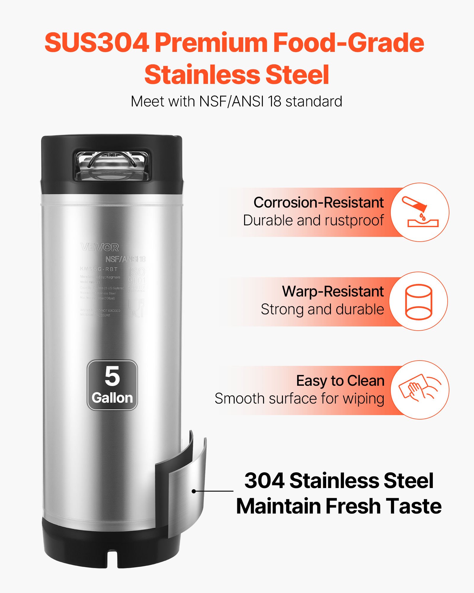 VEVOR Corny Keg, 5 Gallon Ball Lock Keg, SUS304 Cold Brew Kegs with Dual Rubber Handles & Heavy-Duty Rubber Bottom, Brewing Equipment for Home Brewing Party, 1 PCS