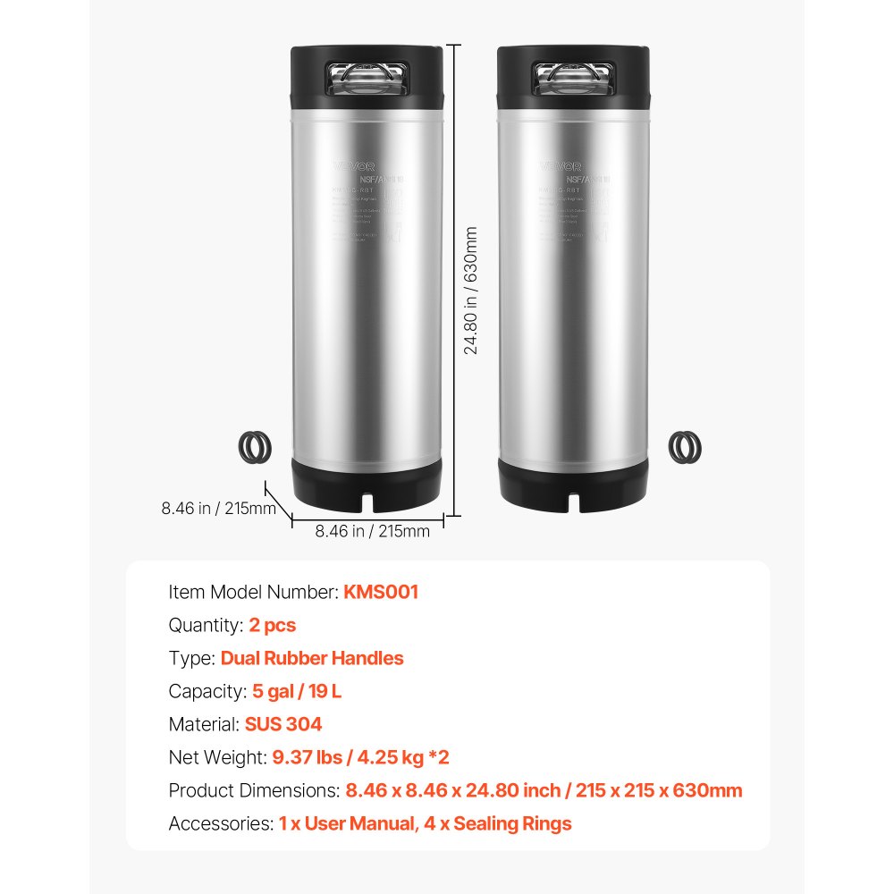 VEVOR Fusto di Birra con Chiusura a Sfera, 19 L Fusti per Bevanda Fredda SUS304 con Doppia Maniglia in Gomma e Fondo in Gomma, Attrezzatura per la Produzione di Birra Fatta in Casa, 2 Pezzi
