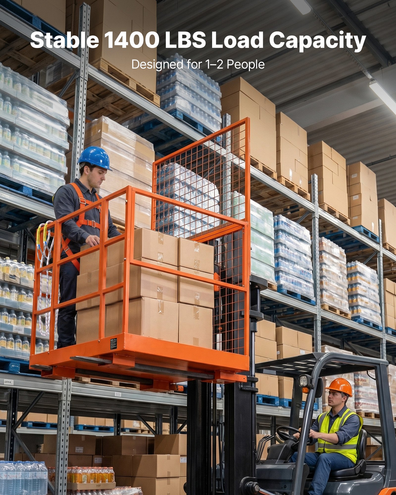 VEVOR Gabbia di Sicurezza per Carrelli Elevatori 122,5 × 114,8 cm, Piattaforma di Lavoro Pieghevole, Portata Max 635 kg, Imbarcatura di Sicurezza e Serratura, Cestello Operatore per Lavori in Quota