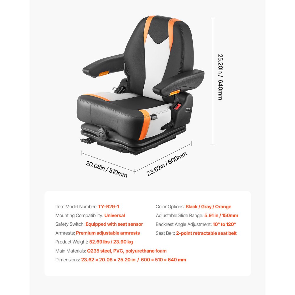 VEVOR Sedile Universale per Carrello Elevatore, con Schienale Regolabile, Bracciolo e Cintura di Sicurezza, Sedile per Trattore Pieghevole Sicuro con Microinterruttore, per Tosaerba per Minipale