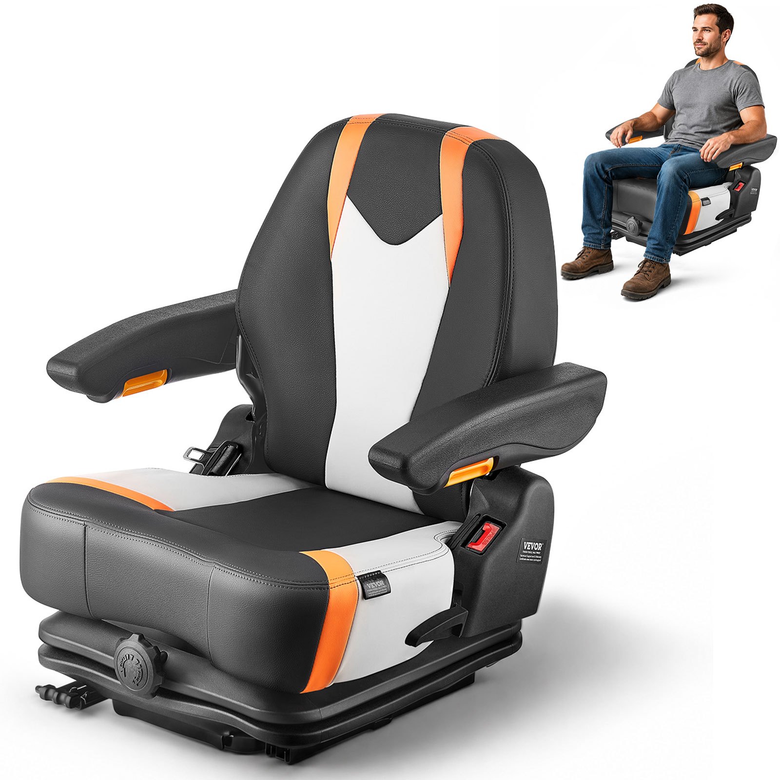 VEVOR Sedile Universale per Carrello Elevatore, con Schienale Regolabile, Bracciolo e Cintura di Sicurezza, Sedile per Trattore Pieghevole Sicuro con Microinterruttore, per Tosaerba per Minipale