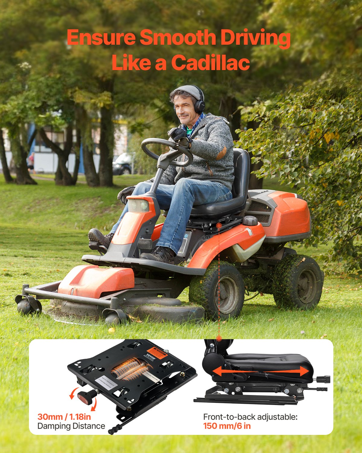 VEVOR Kit di Sospensione del Sedile con Binario Scorrevole, Sospensione Universale del Sedile ad Aria per Tosaerba a Raggio di Sterzata Zero, Regolabile 150 mm Avanti a Indietro, per Bulldozer, Nero