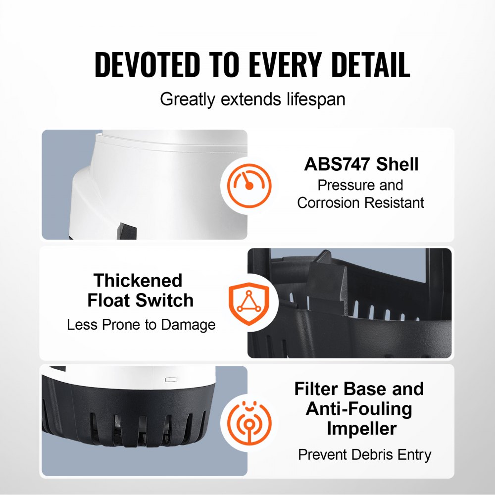 VEVOR Bilge Pump, 1100 GPH 12 V, Bilge Pump for Boats with Float Switch, 29 mm Outlet Diameter, Small Boat Bilge Pump, Electric Marine Bilge Pump for Boats, Ponds, Pools, Basements