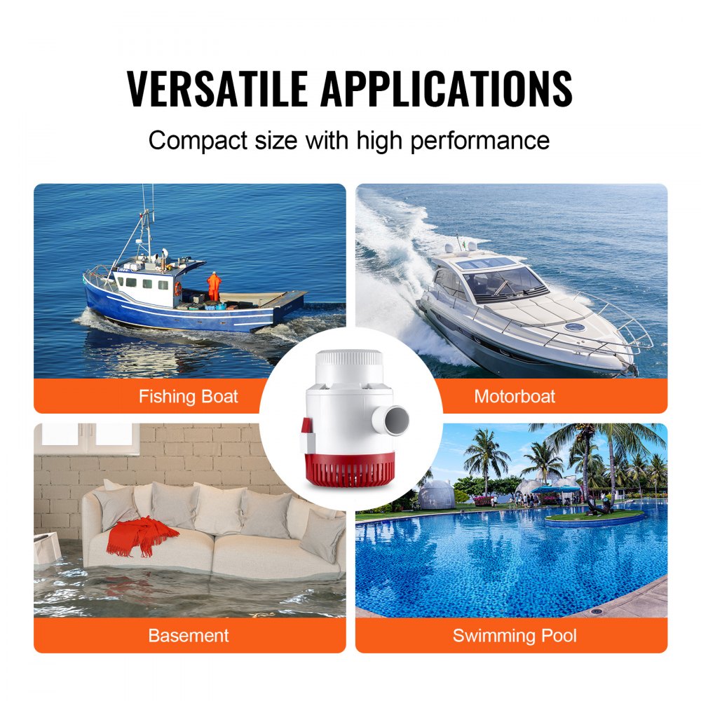 VEVOR Bilge Pump, 3000 GPH 12V Automatic Bilge Pump for Boats with Switch, 40mm Outlet Diameter, Small Boat Bilge Pump, Electric Marine Bilge Pump for Boats, Ponds, Pools, Basements