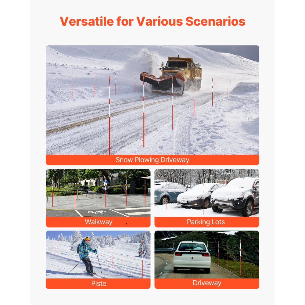 VEVOR Driveway Markers, 100Pcs 183cm Long 7.87mm Dia, Hi-Visibility Driveway Reflectors with 12 in Steel Drill Bits, Reflective Snow Sticks Fiberglass Pole for Parking Lots, Walkways, Snow Plowing