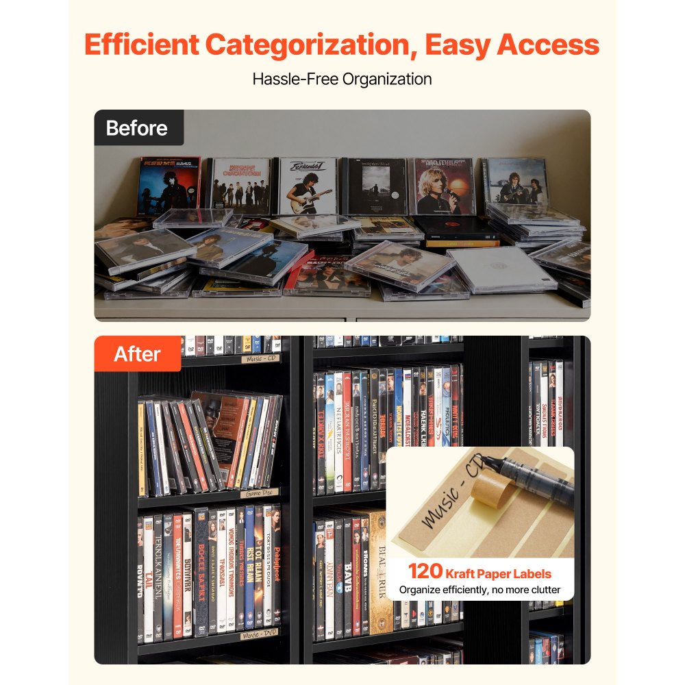 VEVOR Armadietto Porta CD DVD Libri Portaoggetti 4 Ripiani, Mobiletto per CD DVD Giochi con Ante Ripiani Regolabili da Ufficio Studio Soggiorno, Mobiletto Portaoggetti 610x368x846 mm, Nero