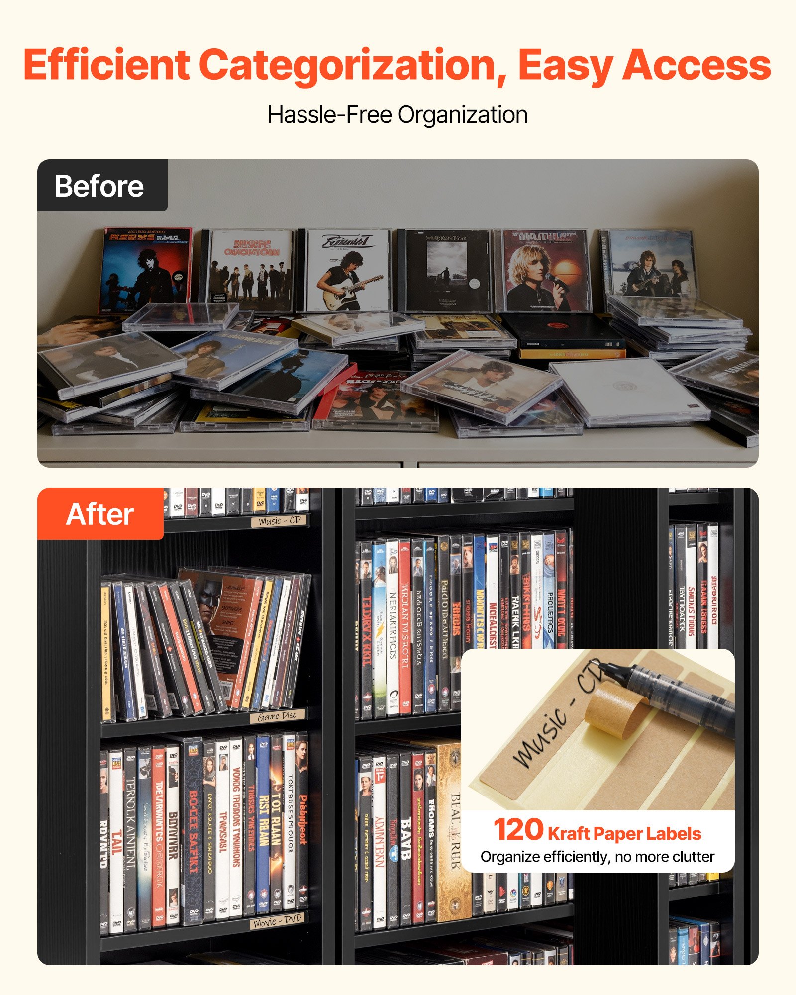 VEVOR Armadietto Porta CD DVD Libri Portaoggetti 4 Ripiani, Mobiletto per CD DVD Giochi con Ante Ripiani Regolabili da Ufficio Studio Soggiorno, Mobiletto Portaoggetti 610x368x846 mm, Nero