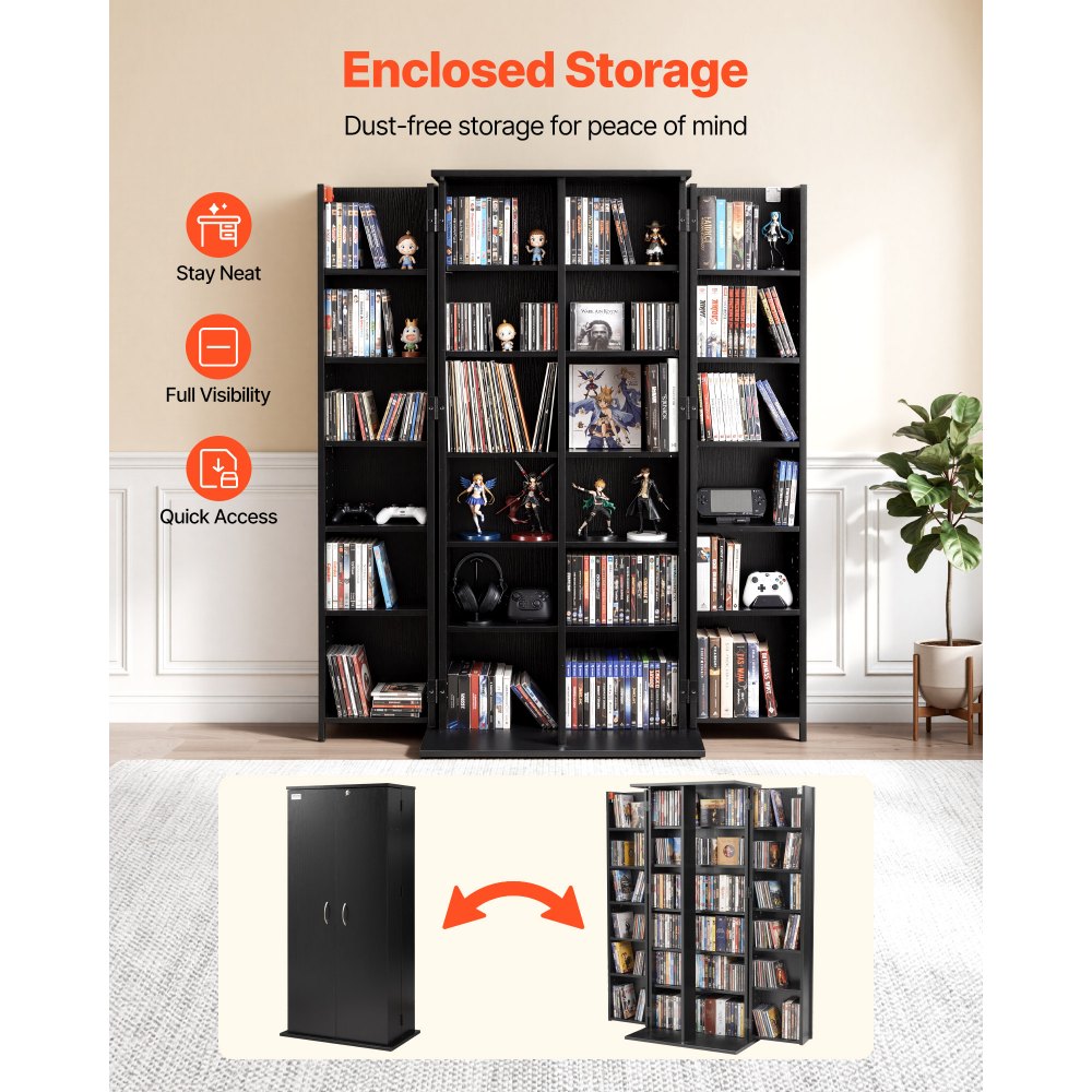 VEVOR Media Storage Cabinet, 6-Tier DVD Shelf Organizer, 610 x 368 x 1270 mm Multimedia Storage Organizer for CDs, DVDs, Books, Games, CD Shelf for Living Room, Home Office, Recording Room, Black