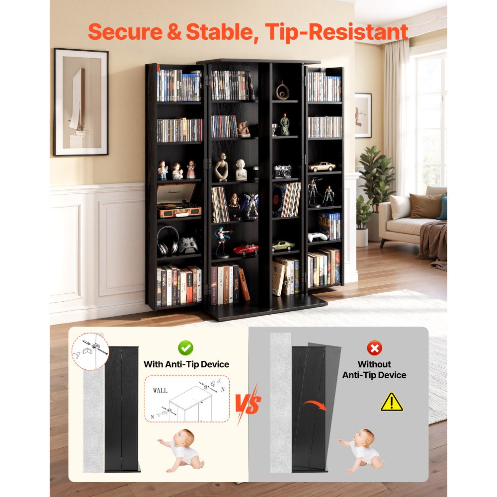 VEVOR Media Storage Cabinet, 6-Tier DVD Shelf Organizer, 610 x 368 x 1270 mm Multimedia Storage Organizer for CDs, DVDs, Books, Games, CD Shelf for Living Room, Home Office, Recording Room, Black