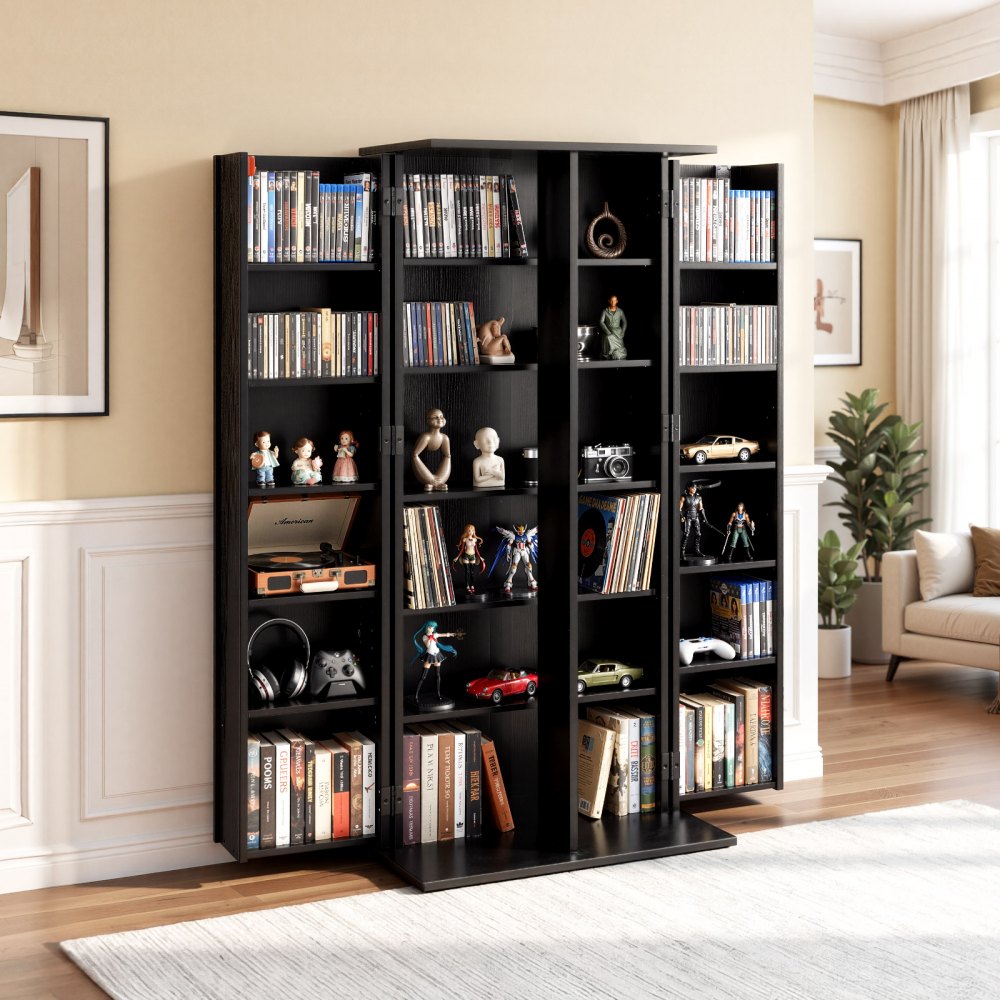 VEVOR Media Storage Cabinet, 6-Tier DVD Shelf Organizer, 610 x 368 x 1270 mm Multimedia Storage Organizer for CDs, DVDs, Books, Games, CD Shelf for Living Room, Home Office, Recording Room, Black