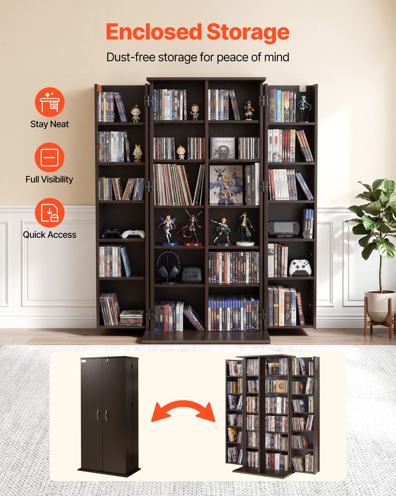 VEVOR Armadietto Porta CD DVD Portaoggetti Multimediale 6 Ripiani, Mobiletto per CD DVD Giochi con Ante Ripiani Regolabili da Ufficio Studio Soggiorno, Mobiletto Portaoggetti 610x368x1270 mm, Marrone