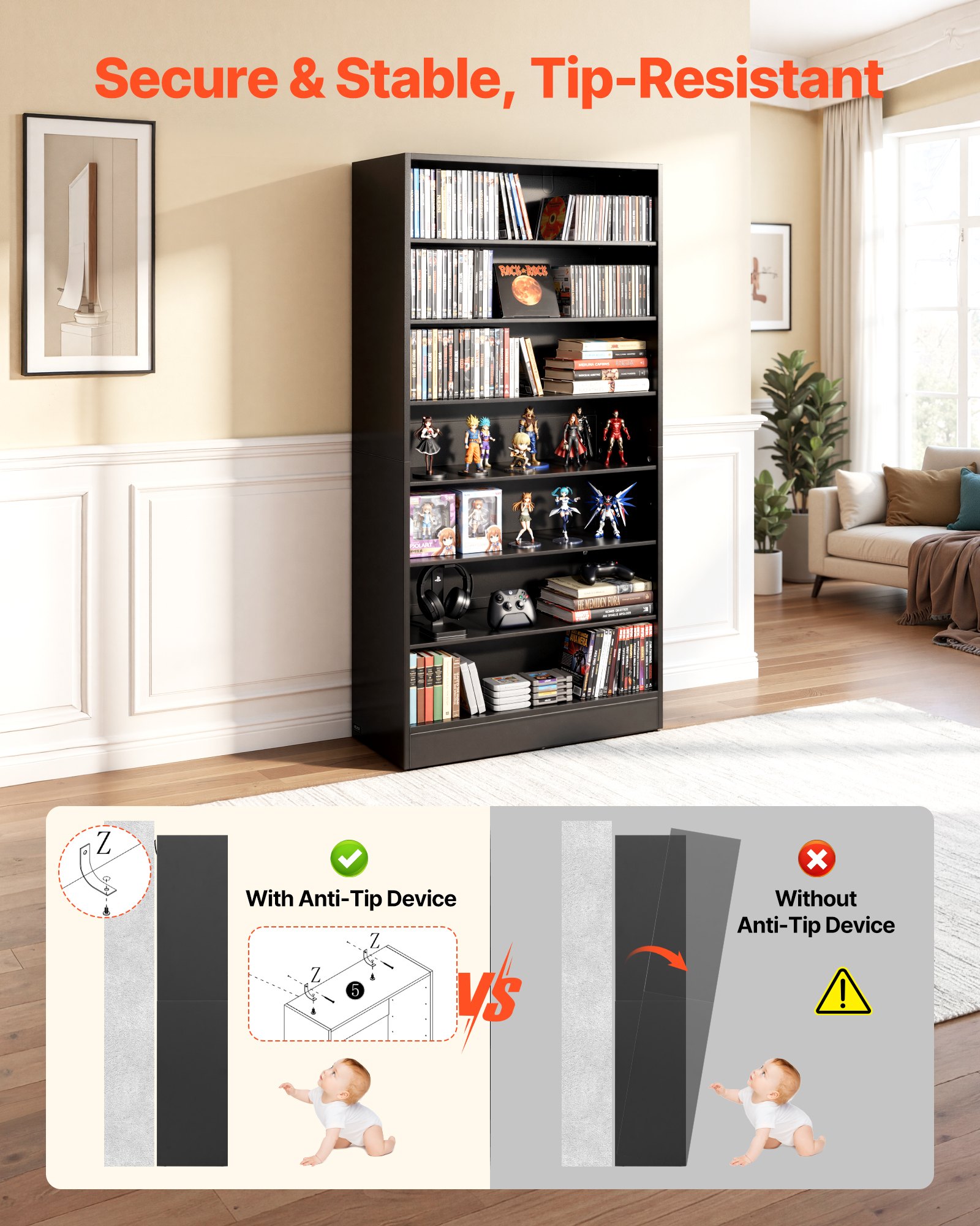 VEVOR Mobiletto Armadietto 7 Scomparti Porta DVD CD Libri Giochi Multimediale 70 x 30 x 140 cm, Armadio Autoportante Salvaspazio per CD DVD Dischi di Giochi per Ufficio Studio Soggiorno Casa, Nero