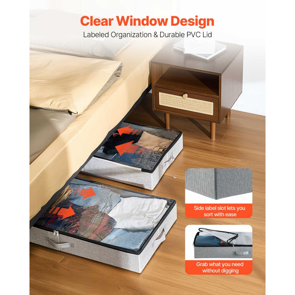 VEVOR Under Bed Storage with Clear Lids, 850 x 430 x 120 mm, 45L Large Underbed Clothes Storage Containers, Low Profile Under Bed Drawer Shoe Organizer Bins Box for Blanket Shoe Bedroom, 2 Pack