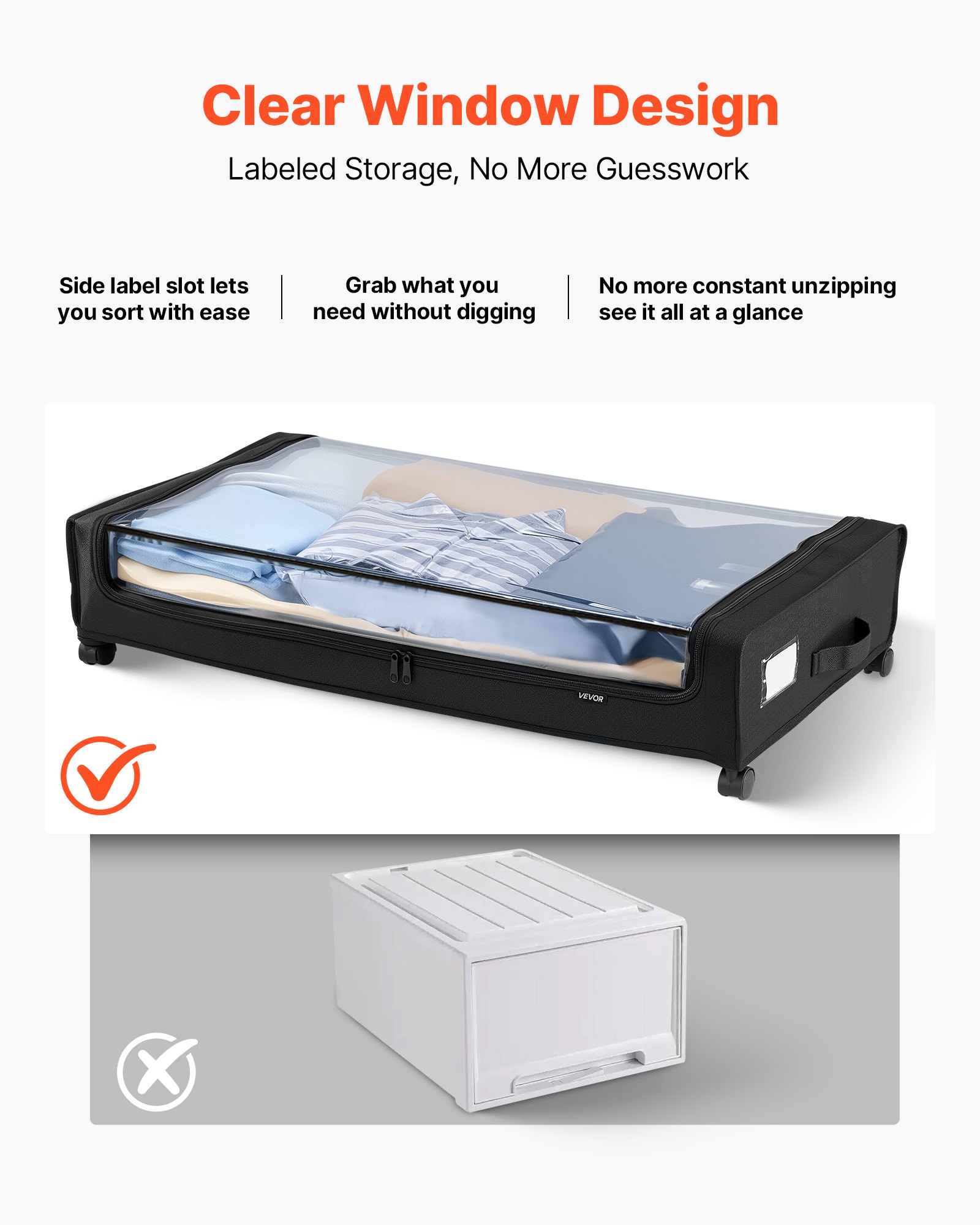 VEVOR Under Bed Storage with Wheels, 770 x 470 x 173 mm, Underbed Containers with Clear Lid, Underbed Shoe Organizer, Rolling Under the Bed Storage Bins for Clothes, Shoes, Blankets, Bedroom, 2 Pack