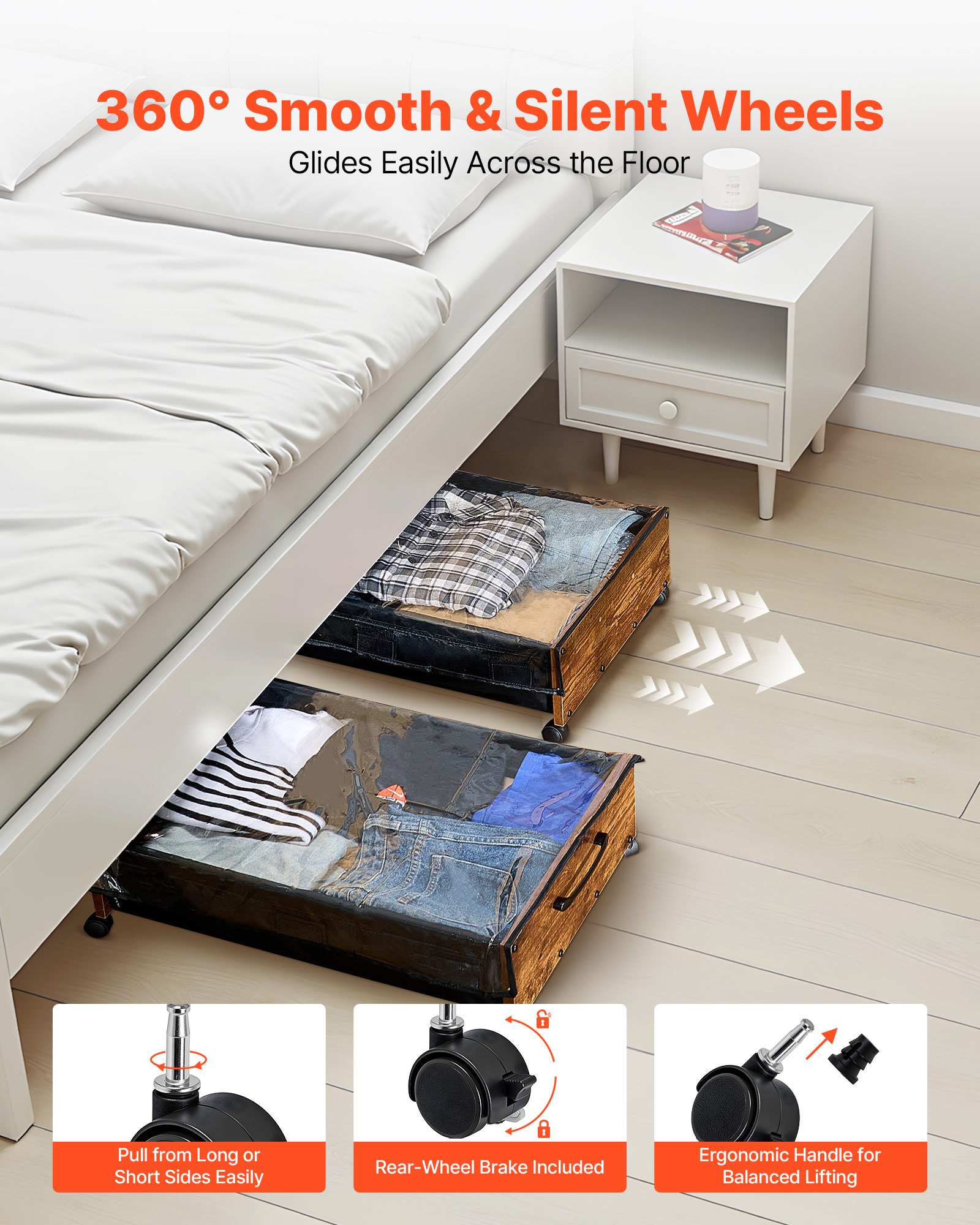 VEVOR Under Bed Storage with Wheels, 650 x 460 x 180 mm Underbed Containers, Underbed Shoes Organizer with Lockable Wheels, Rolling Under the Bed Storage Bins for Clothes, Shoes, Blankets, 2 Pack