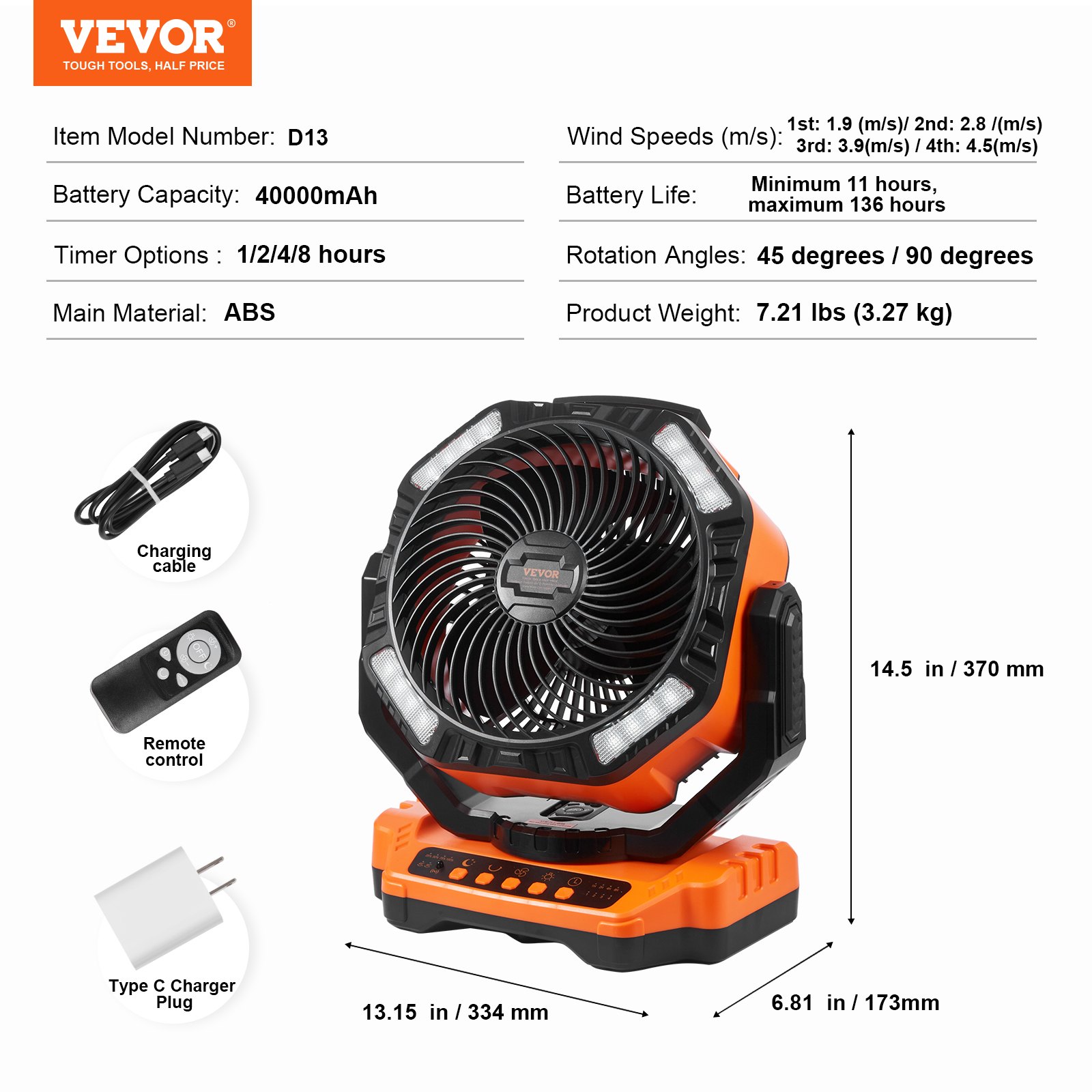 VEVOR Pedestal Fan 334 x 173 x 370 mm Table Fan 362 CMF Fan with 4 Speed Settings Battery Fan 40000 mAh for Outdoor Activities such as Camping, Fishing, and Travel