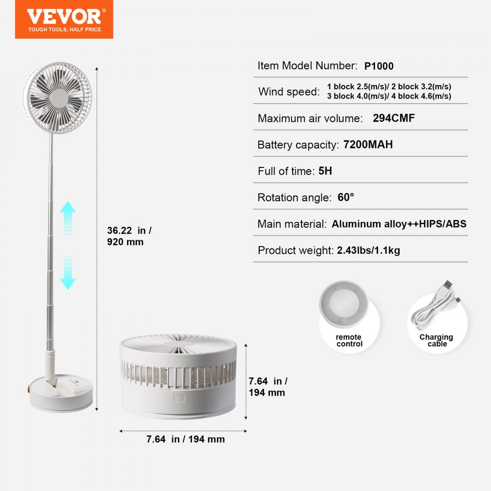 VEVOR Ventilatore Portatile Ricaricabile USB 194mm con Telecomando Cavo Type-C, Ventilatore da Tavolo Silenzioso Pieghevole Regolabile 4 Velocità 7200 mAh per Viaggio Campeggio Ufficio Colore Bianco