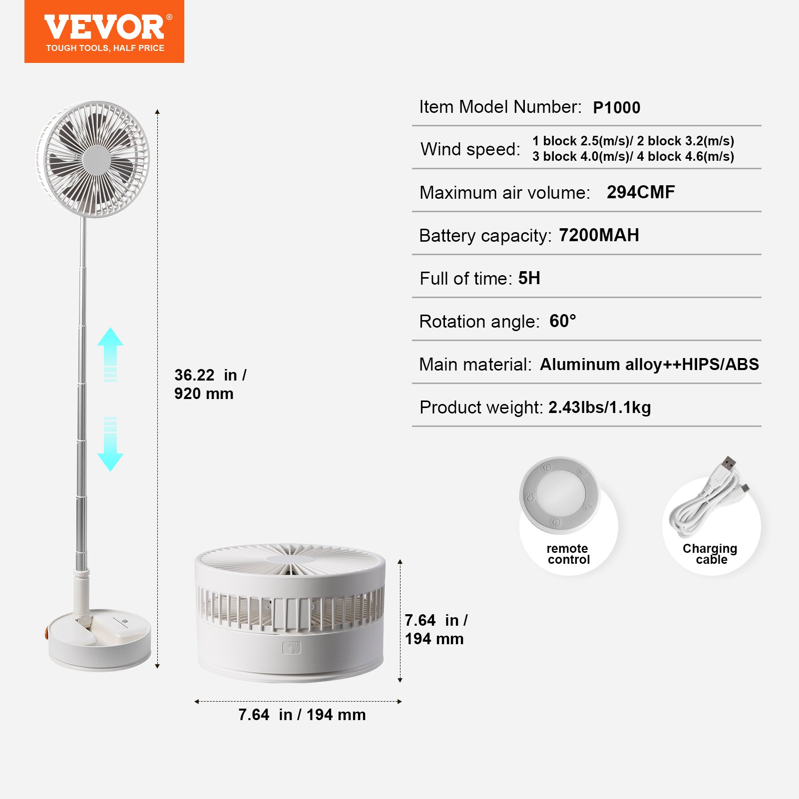 VEVOR Ventilatore Portatile Ricaricabile USB 194mm con Telecomando Cavo Type-C, Ventilatore da Tavolo Silenzioso Pieghevole Regolabile 4 Velocità 7200 mAh per Viaggio Campeggio Ufficio Colore Bianco