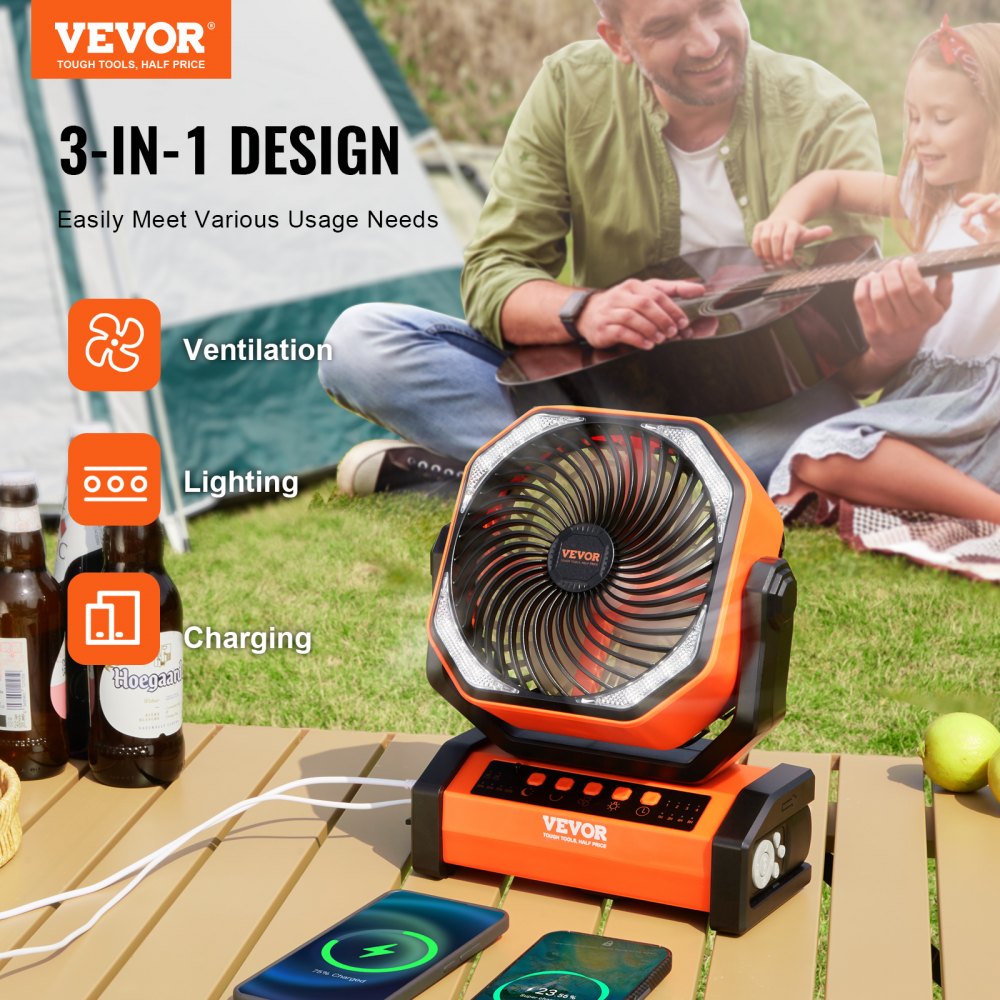 VEVOR Ventilatore Portatile Ricaricabile USB 210 mm con Telecomando Luce LED, Ventilatore Girevole Silenzioso Pieghevole Regolabile 4 Velocità 20000 mAh per Viaggio Campeggio Ufficio Arancione/Nero