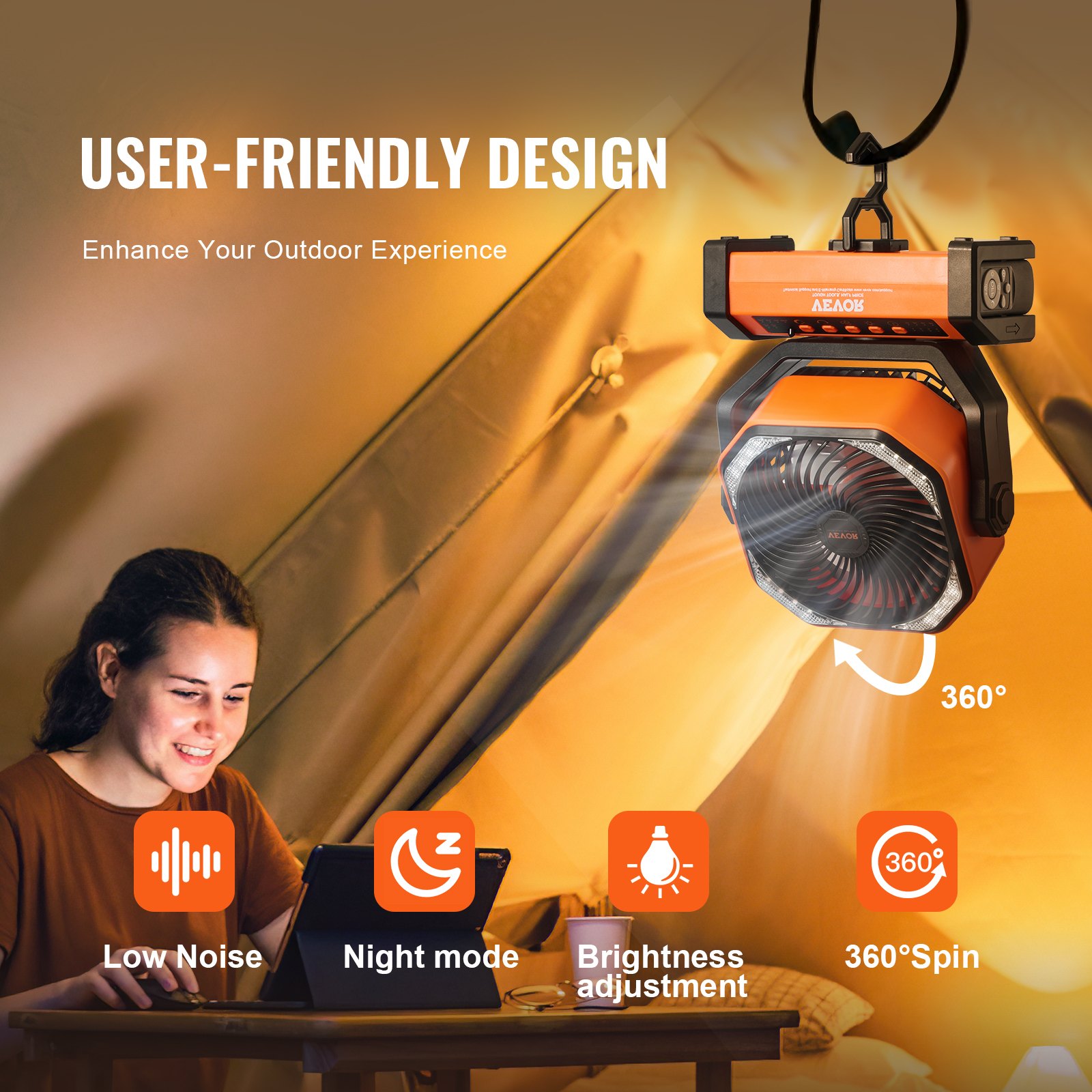 VEVOR Ventilatore Portatile Ricaricabile USB 210 mm con Telecomando Luce LED, Ventilatore Girevole Silenzioso Pieghevole Regolabile 4 Velocità 20000 mAh per Viaggio Campeggio Ufficio Arancione/Nero